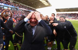Dave Whelan celebrates Wigan retaining Premier League status