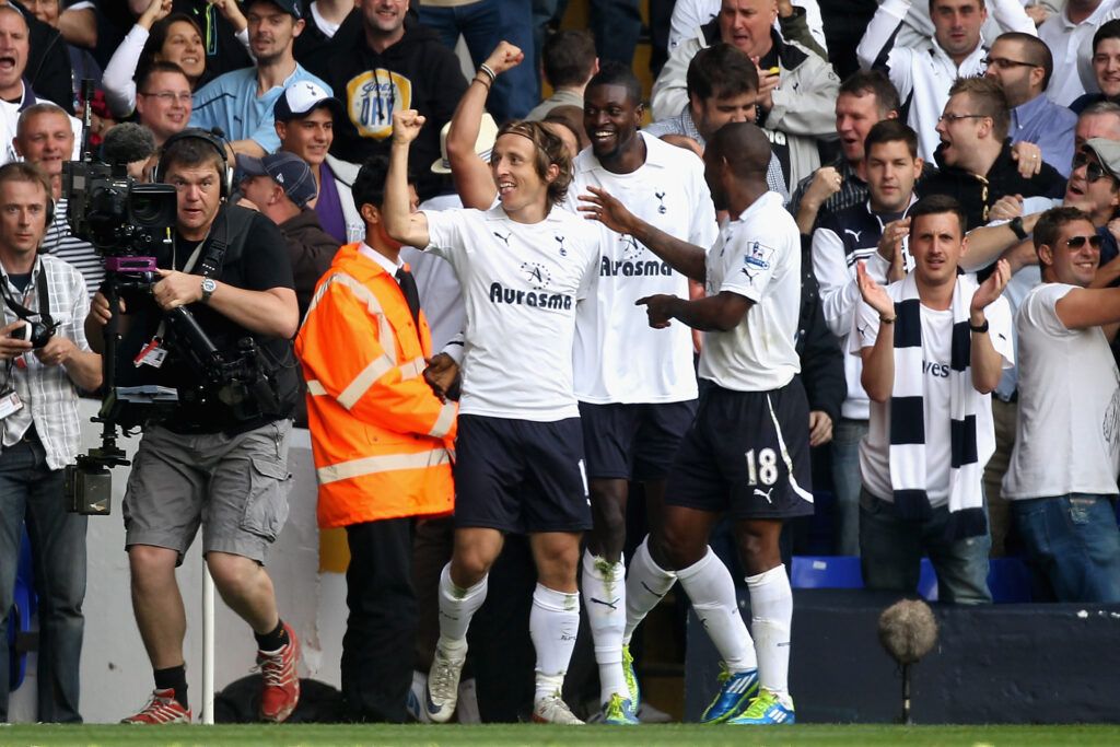 Luka Modric celebrates with Adebayor and Defoe - Spurs v Liverpool, September 2011