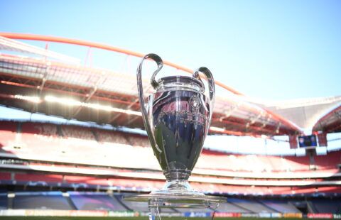 LISBON, PORTUGAL - AUGUST 18: The UEFA Champions League Trophy is seen pitch side prior to the UEFA Champions League
