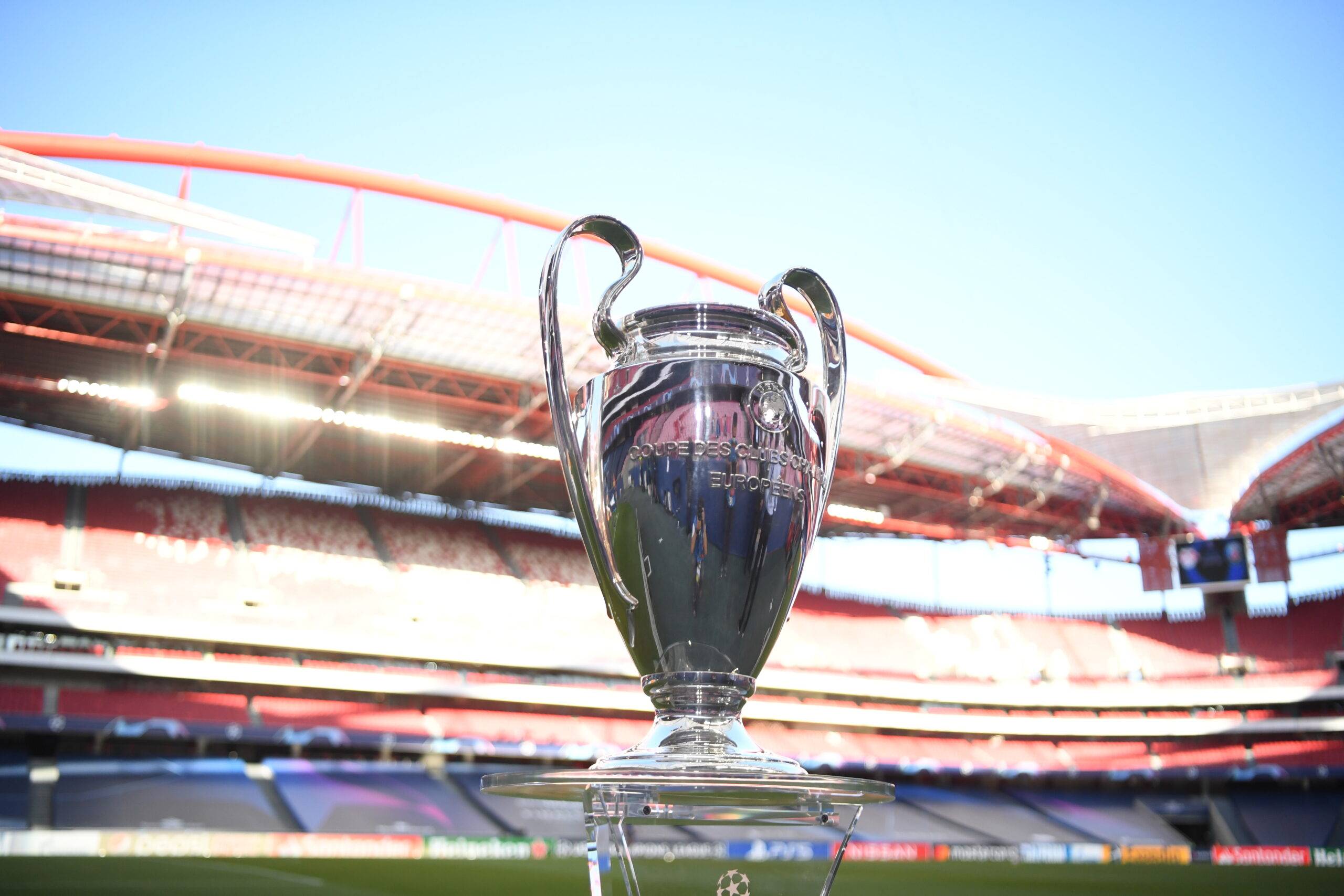 LISBON, PORTUGAL - AUGUST 18: The UEFA Champions League Trophy is seen pitch side prior to the UEFA Champions League
