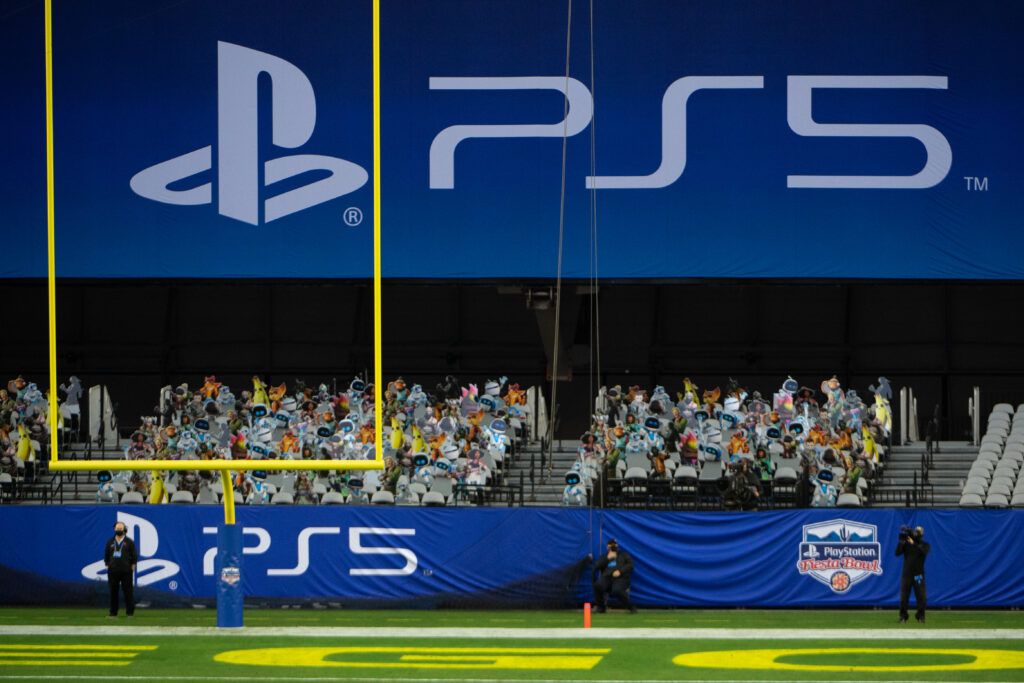 A general view of the PS5 banners on display in the end zone during the PlayStation Fiesta Bowl between the Oregon Ducks and Iowa State Cyclones at State Farm Stadium on January 02, 2021 in Glendale, Arizona. The Iowa State Cyclones won 34-17.