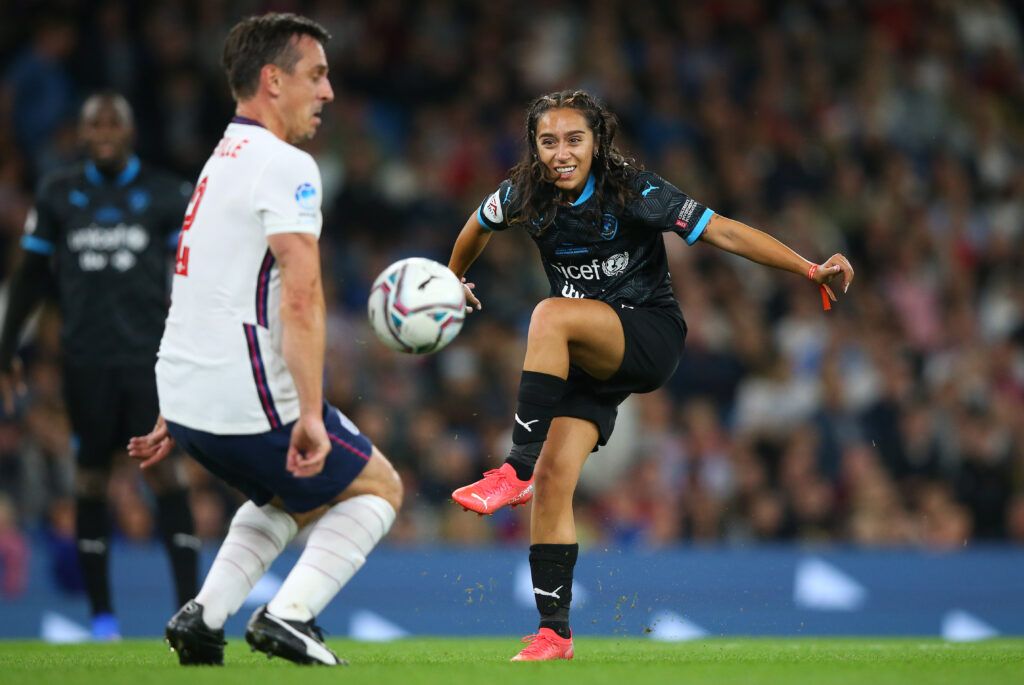 Chelcee Grimes of Soccer Aid World XI shoots during Soccer Aid for Unicef 2021 match between England and Soccer Aid World XI at Etihad Stadium on September 04, 2021 in Manchester, England.