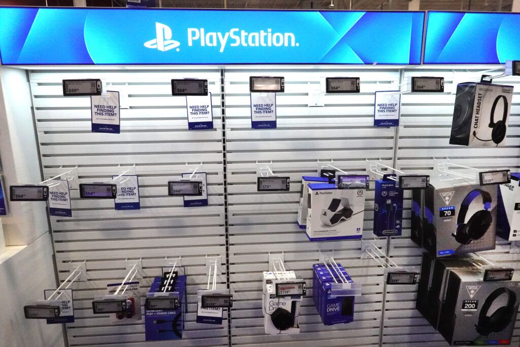 A mostly sold-out display of PlayStation accessories is shown at an electronics store on February 08, 2022 in Chicago, Illinois. The full-year trade deficit for goods and services increased 27% to $859.1 billion in 2021. PlayStations are made by Sony, a Japanese company, but are manufactured in China.  