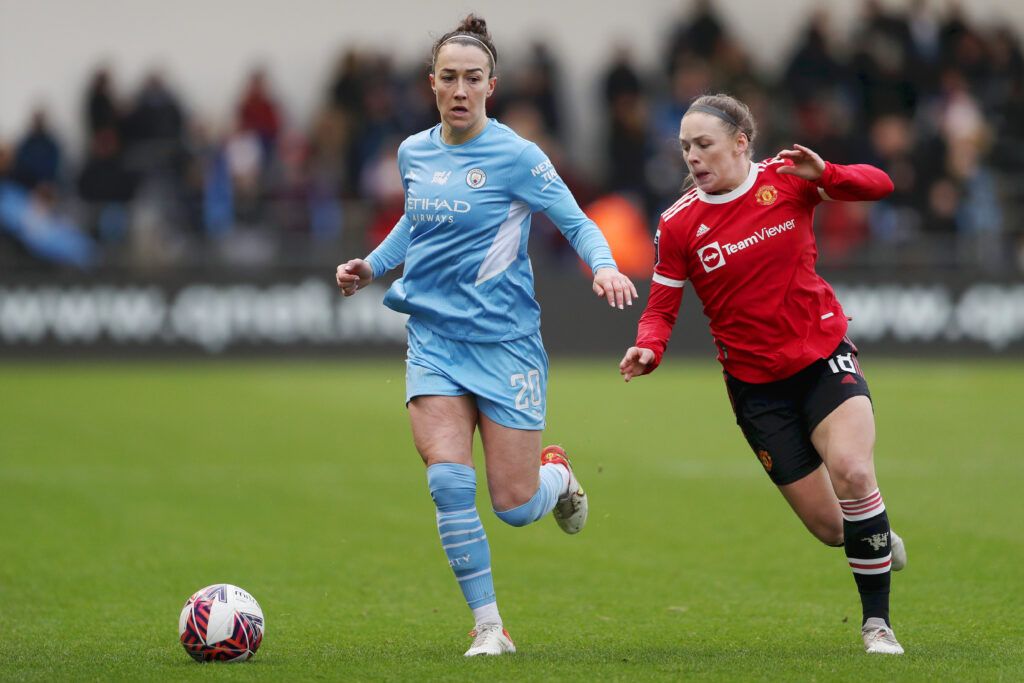 Manchester City's Lucy Bronze against Manchester United's Kirsty Hanson