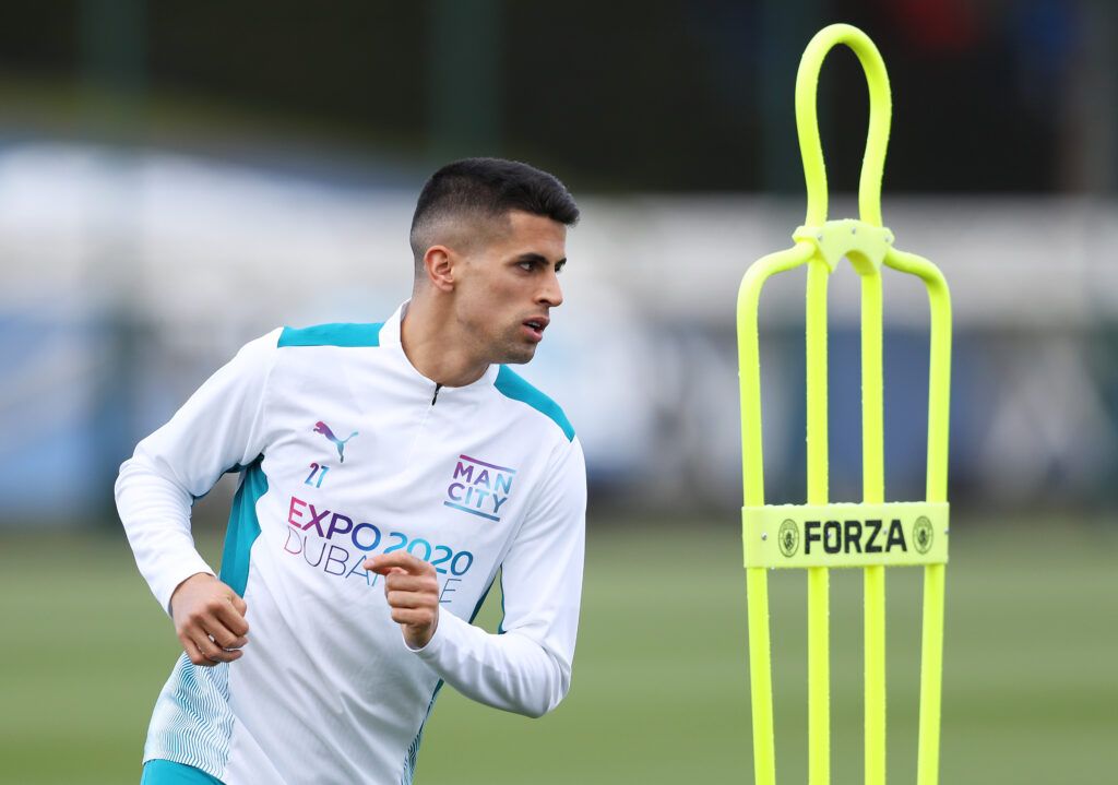 Joao Cancelo of Manchester City trains during the Manchester City Training Session at Manchester City Football Academy on April 25, 2022 in Manchester, England.