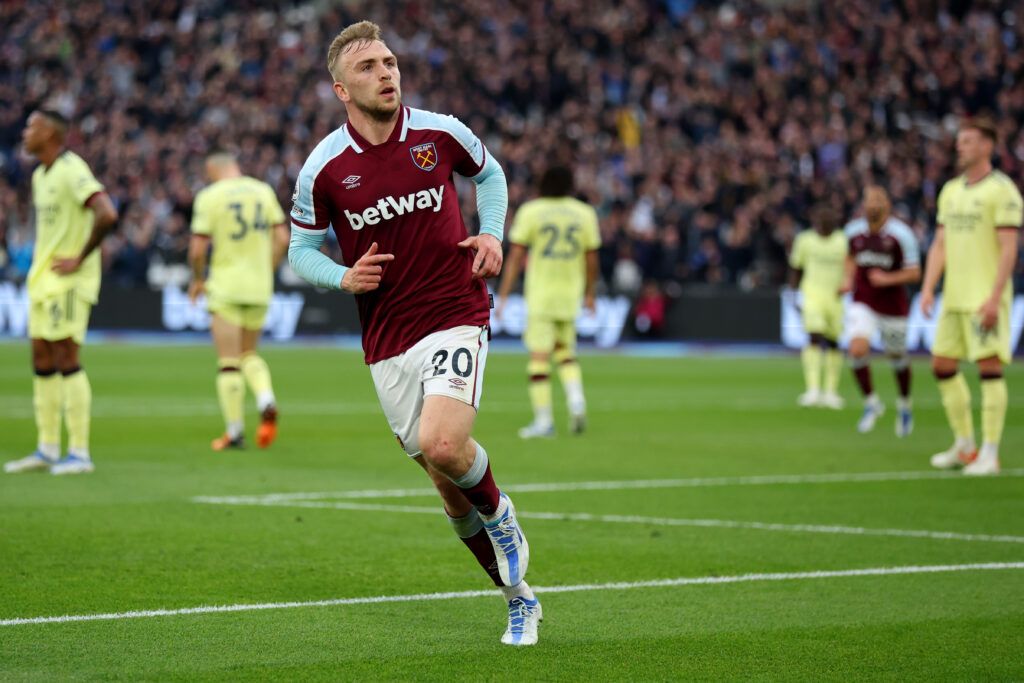 Jarrod Bowen of West Ham United celebrates scoring their side's first goal during the Premier League match between West Ham United and Arsenal at London Stadium on May 01, 2022 in London, England