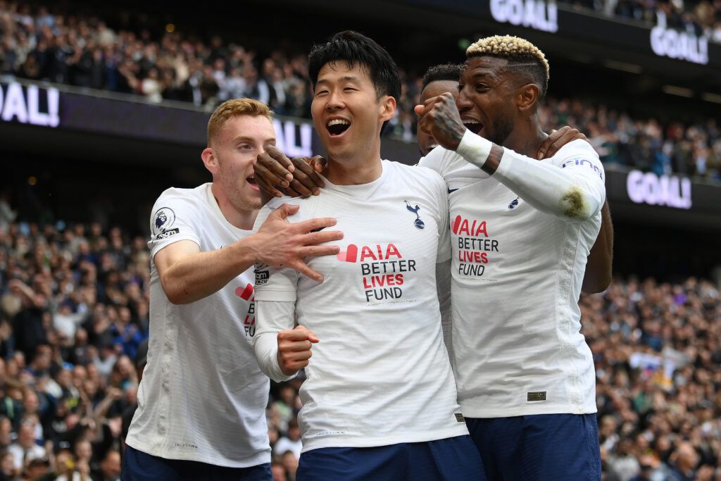 Son Heung-Min of Tottenham Hotspur celebrates with team mates after scoring the third goal during the Premier League match between Tottenham Hotspur and Leicester City at Tottenham Hotspur Stadium on May 01, 2022