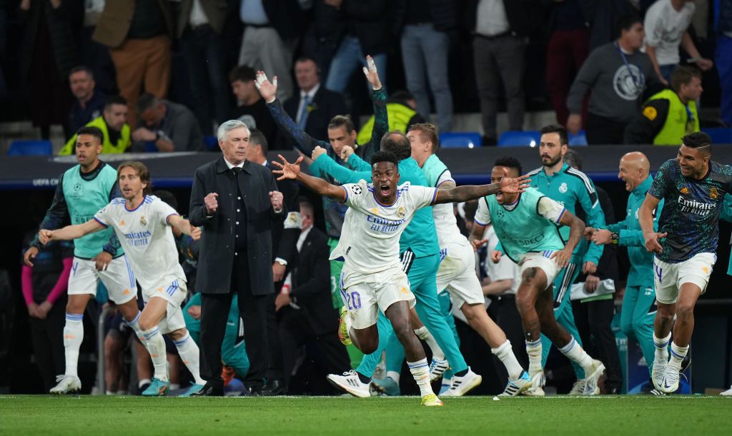 Real Madrid players celebrate after beating Man City