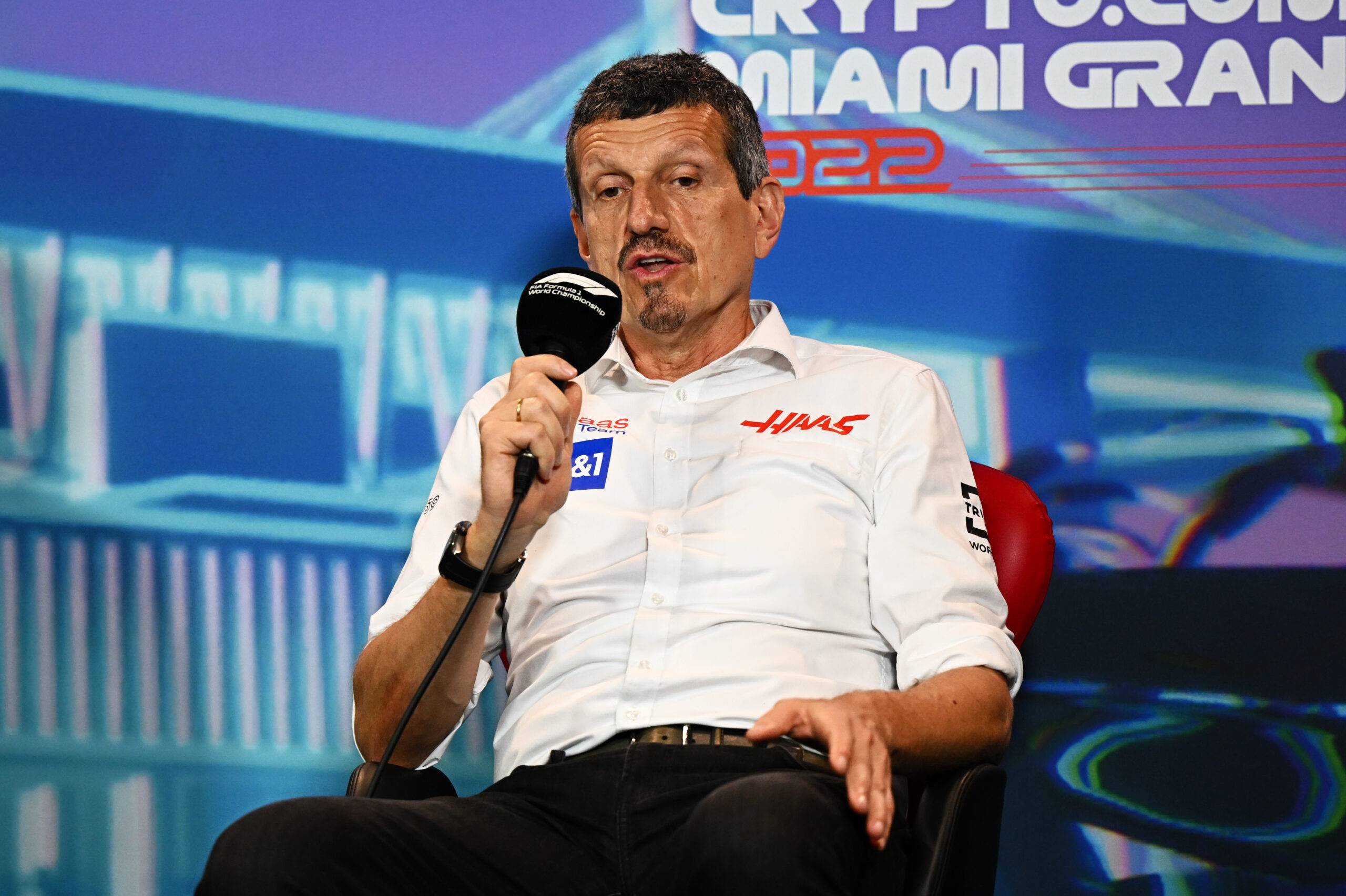 Guenther Steiner speaks to the press at the Miami Grand Prix