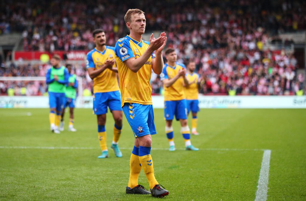 James Ward-Prowse of Southampton applauds the fans at full-time after the Premier League match between Brentford and Southampton at Brentford Community Stadium on May 07, 2022 in Brentford, England.