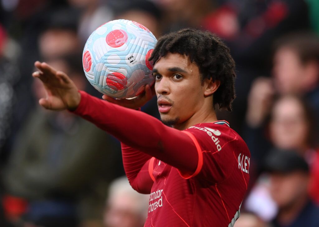 rent Alexander-Arnold of Liverpool looks on during the Premier League match between Liverpool and Tottenham Hotspur at Anfield on May 07, 2022 in Liverpool, England.