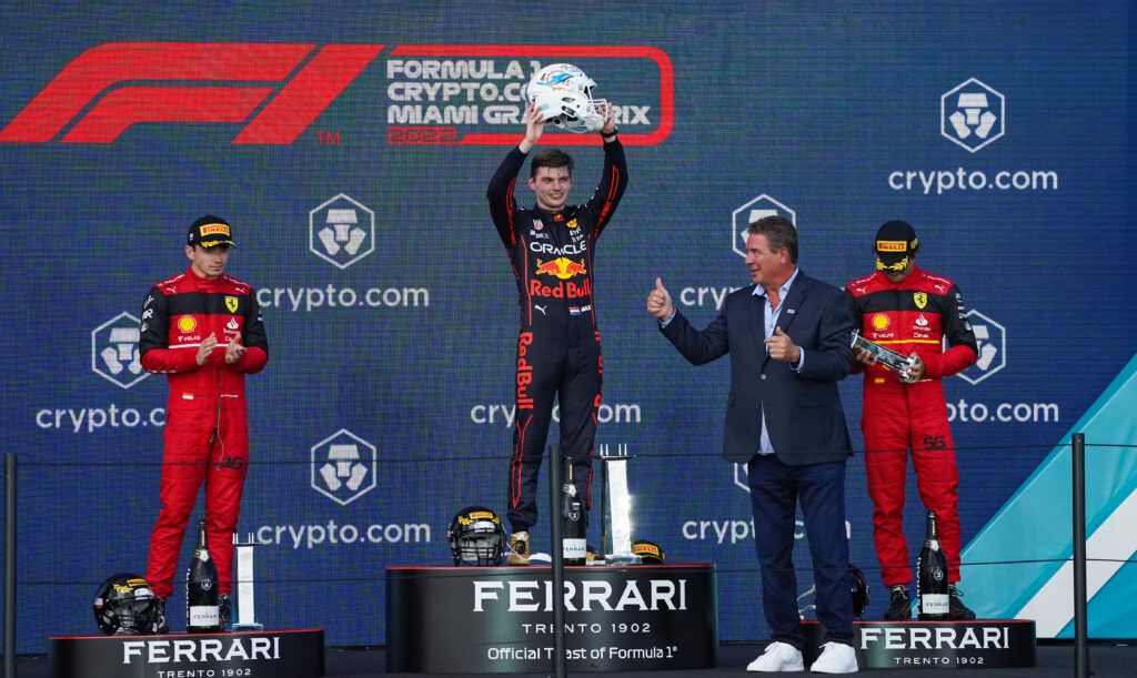 Max Verstappen celebrates winning in Miami
