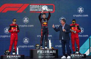 Max Verstappen celebrates winning in Miami