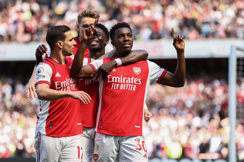 Eddie Nketiah of Arsenal celebrates after scoring his teams first goal during the Premier League match between Arsenal and Leeds United at Emirates Stadium on May 08, 2022 in London, England.