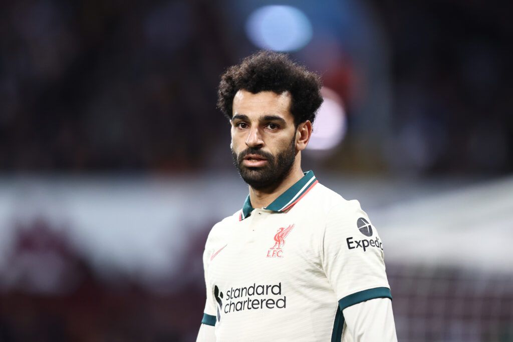 Mohamed Salah of Liverpool looks on during the Premier League match between Aston Villa and Liverpool at Villa Park on May 10, 2022 in Birmingham, England.