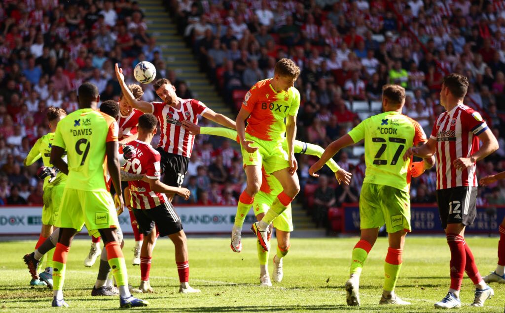 Sander Berge of Sheffield United scores their side's first goal during the Sky Bet Championship Play-Off Semi Final 1st Leg match between Sheffield United and Nottingham Forest  at Bramall Lane on May 14, 2022 in Sheffield, England