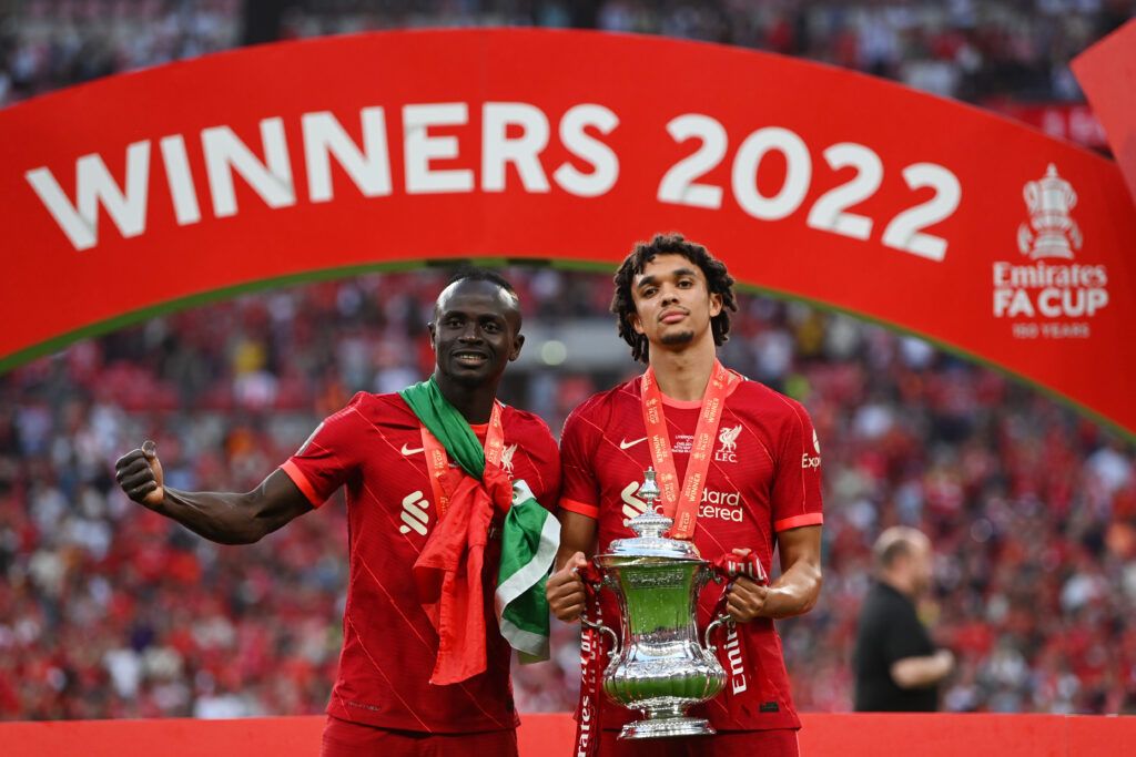 Alexander-Arnold and Mane pose with the FA Cup