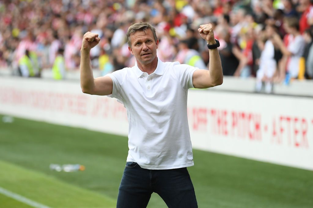 Leeds manager Jesse Marsch celebrates the win over Brentford