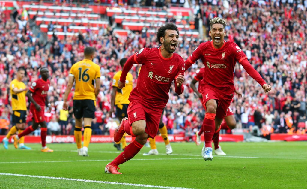 Liverpool's Mohamed Salah celebrates his goal vs Wolves