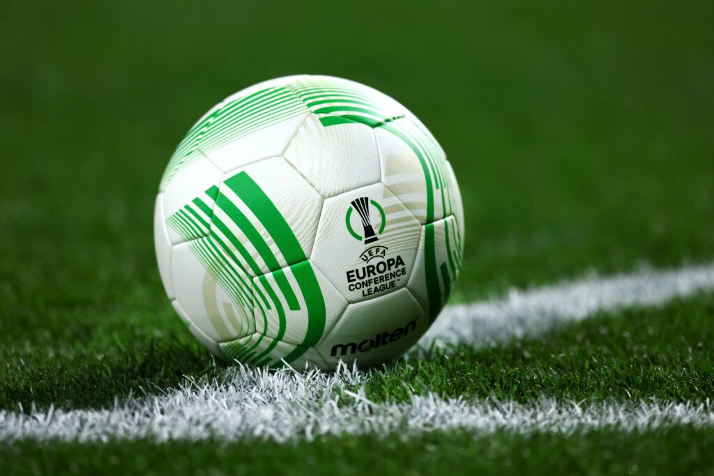 A detailed view of the match ball during the UEFA Conference League final match between AS Roma and Feyenoord at Arena Kombetare on May 25, 2022 in Tirana, Albania.