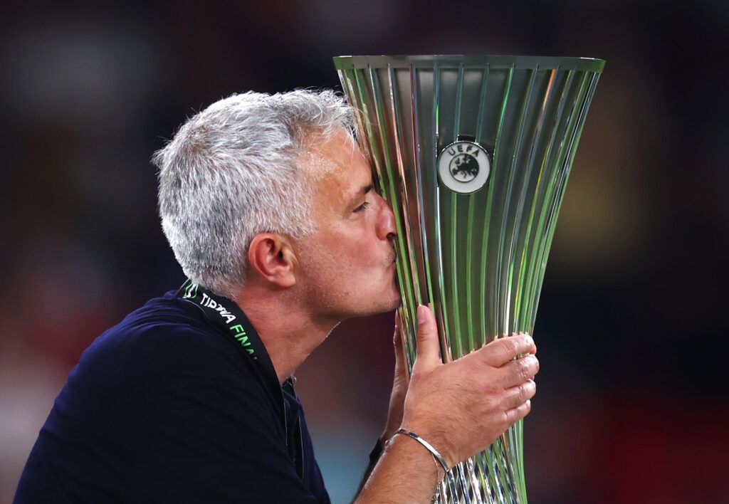 Jose Mourinho, Manager of AS Roma celebrates with the trophy after the full-time whistle during the UEFA Conference League final match between AS Roma and Feyenoord at Arena Kombetare on May 25, 2022 in Tirana, Albania