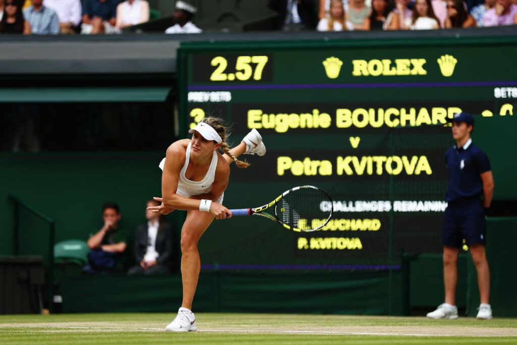 Eugenie Bouchard serving against Petra Kvitova