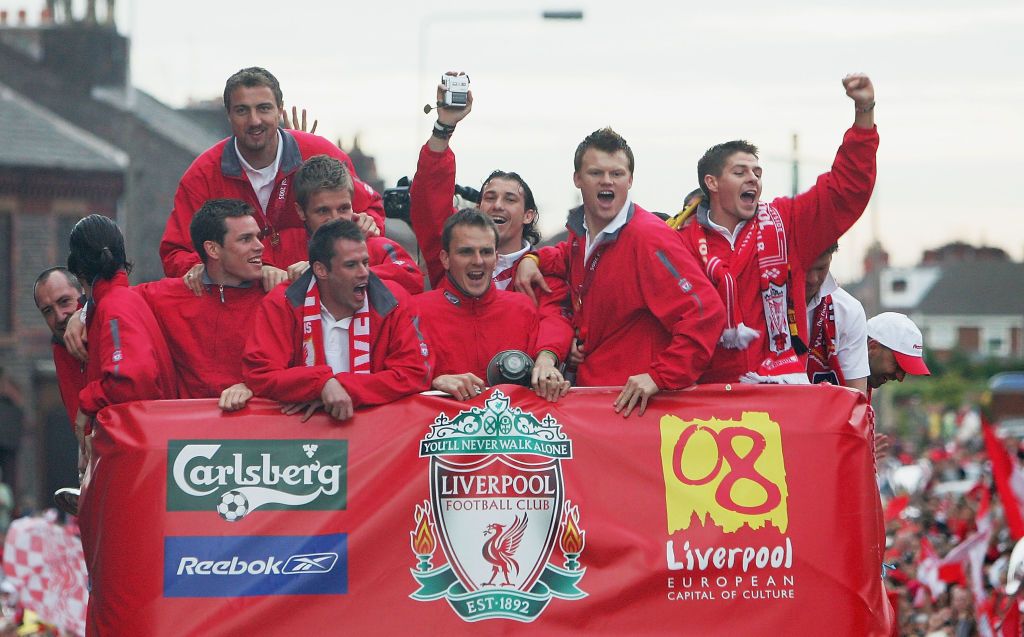 Liverpool celebrate winning the 2005 Champions League final