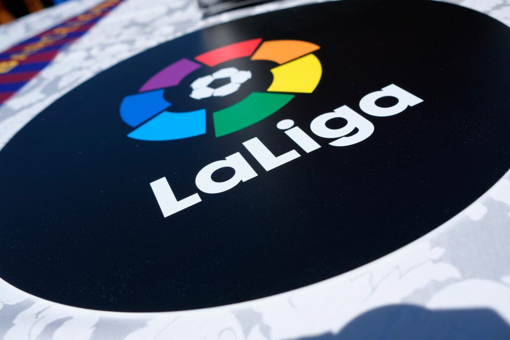 A view of the LaLiga logo at a roofop viewing party of El Clasico - Real Madrid CF vs FC Barcelona hosted by LaLiga at 230 Fifth Avenue on April 23, 2017 in New York City