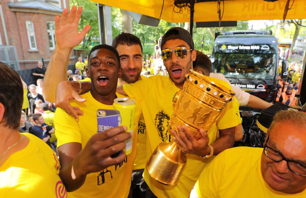 Ousmane Dembele & Pierre-Emerick Aubameyang celebrate a trophy at Borussia Dortmund