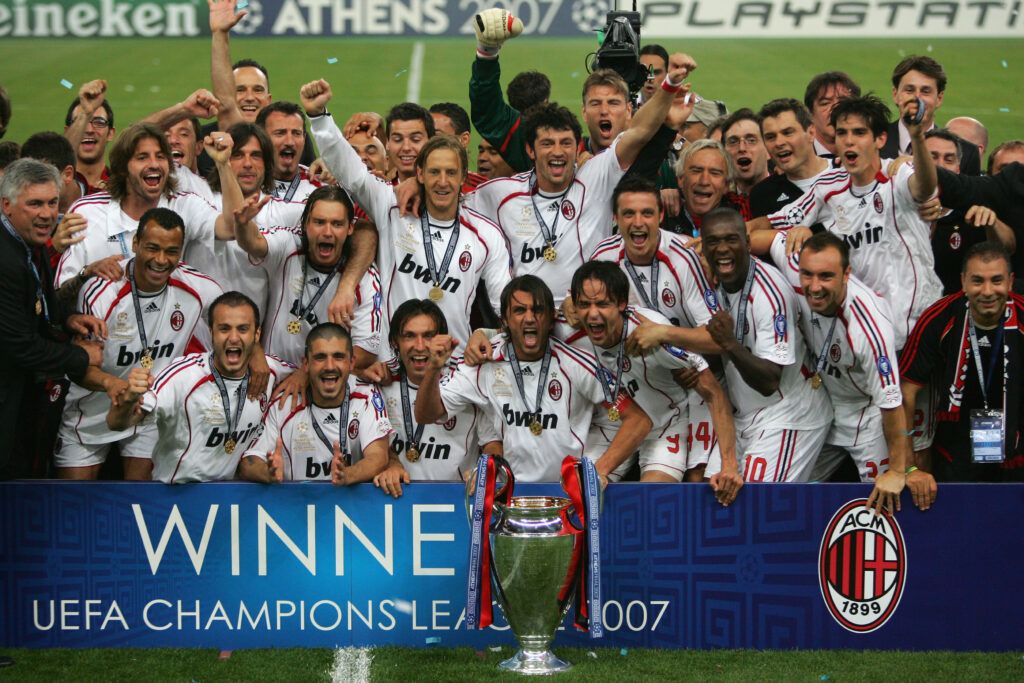 Milan players celebrate with the trophy following their 2-1 victory during the UEFA Champions League Final match between Liverpool May 23, 2007.