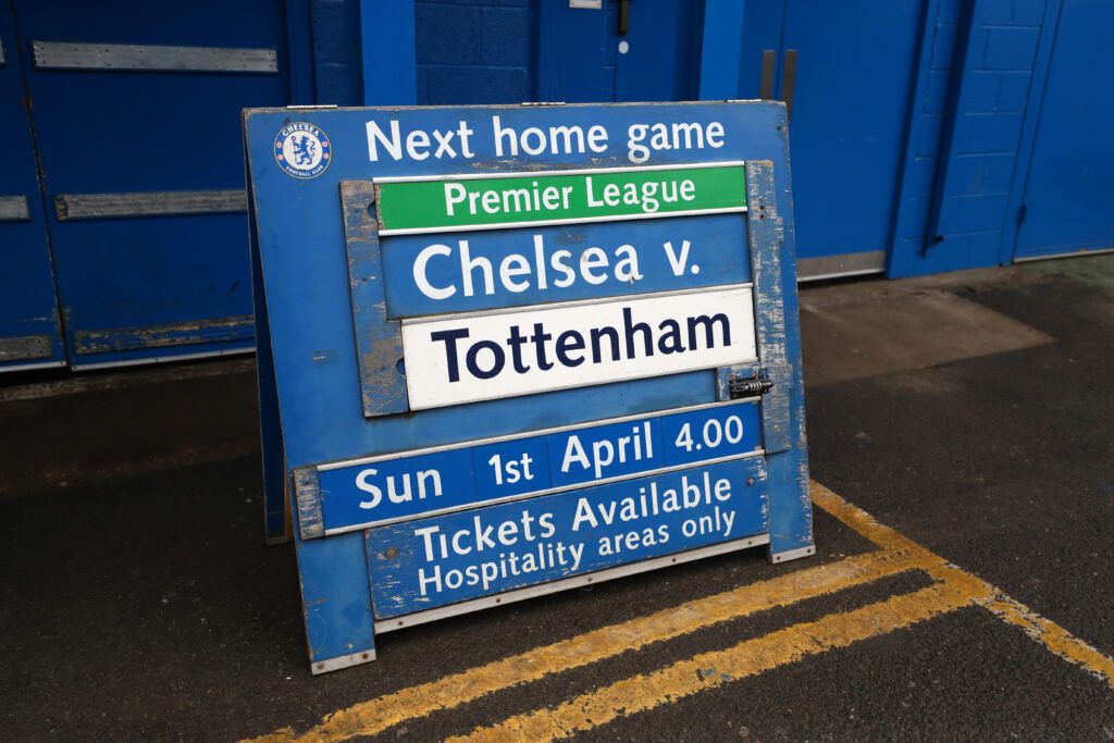 The fixture board advertising the fixture with Tottenham Hotspur is seen ahead of the Premier League match between Chelsea and Crystal Palace at Stamford Bridge on March 10, 2018 in London, England. 