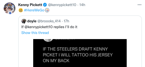 Pittsburgh Steelers QB Kenny Pickett responds to a fan on Twitter.