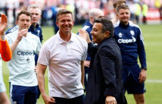 Leeds United boss Jesse Marsch and owner Andrea Radrizzani celebrate
