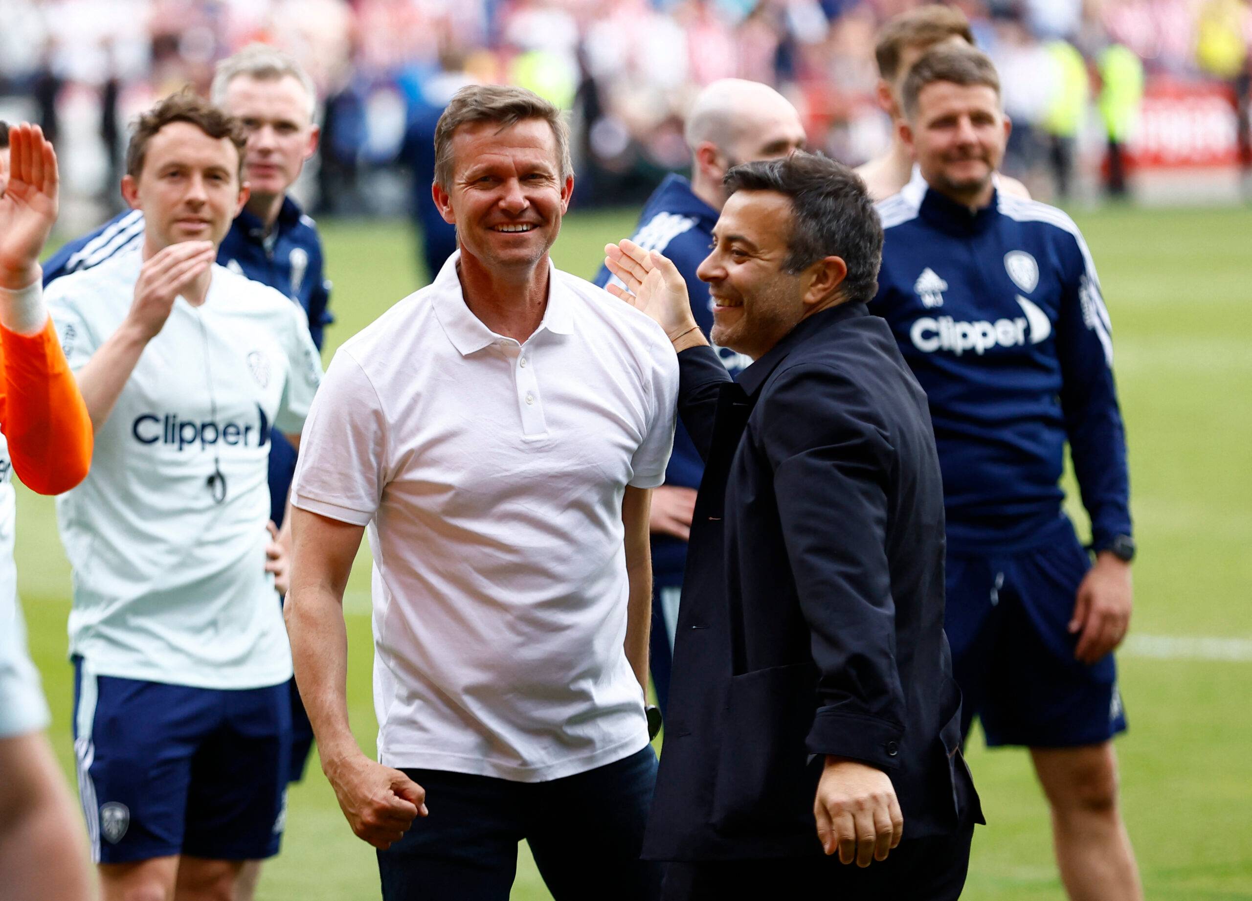 Leeds United boss Jesse Marsch and owner Andrea Radrizzani celebrate