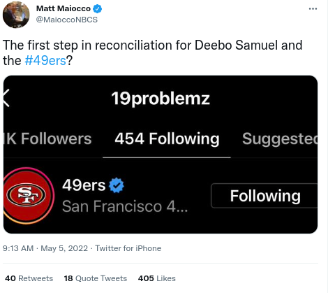 Matt Maiocco on Deebo Samuel's Twitter account
