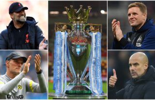 Premier League trophy- Klopp, Guardiola, Tuchel, Howe