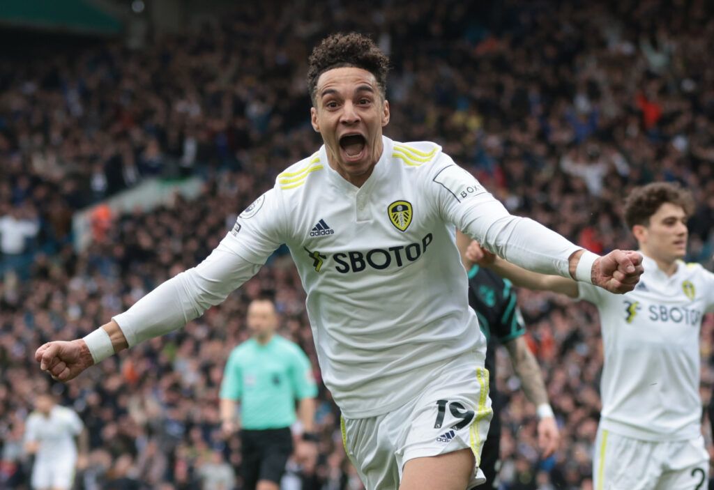 Rodrigo celebrates scoring for Leeds United