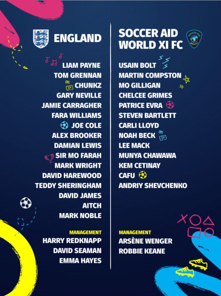 Soccer Aid 2022 England and Soccer Aid World XI Lineups