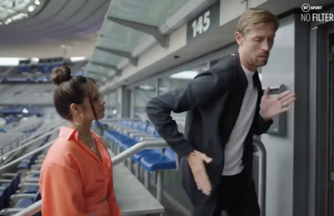 Peter Crouch has tried to teach the robot to Camila Cabello ahead of the Champions League final between LIverpool and Real Madrid.