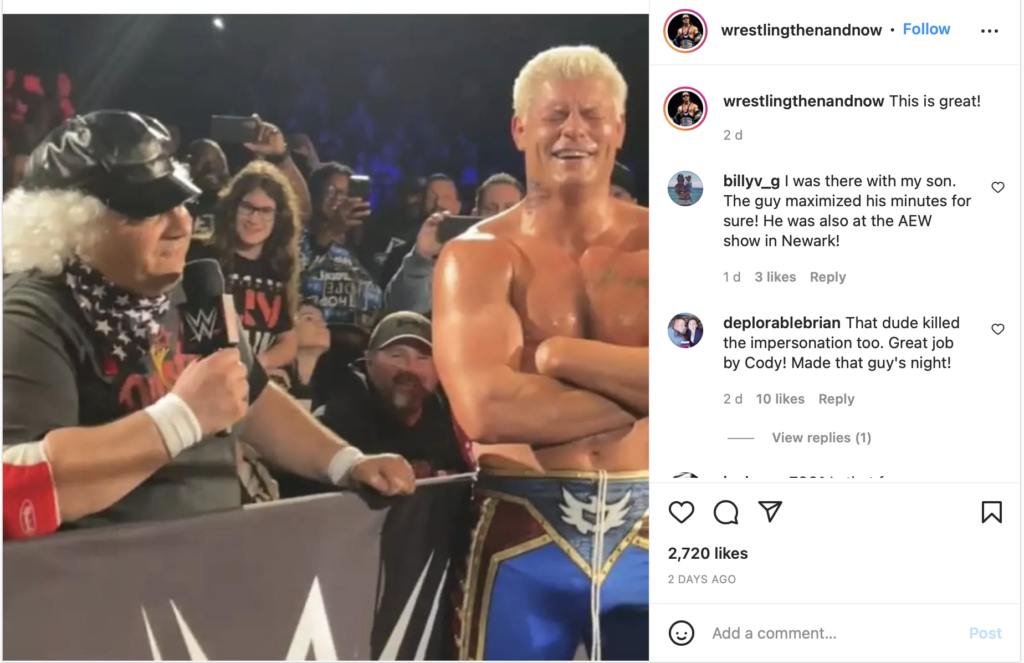 Cody Rhodes with fan via wrestlingthenandnow Instagram 