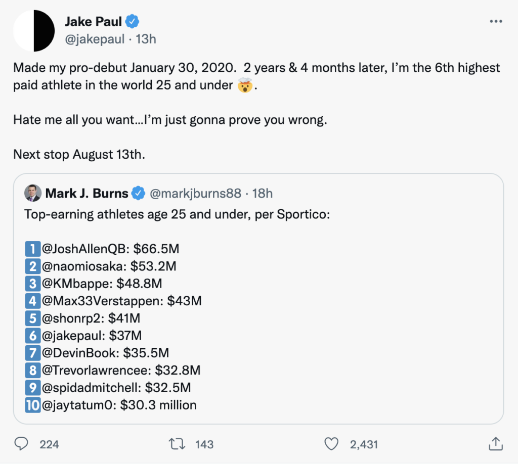 Jake Paul reacts to highest-paid list