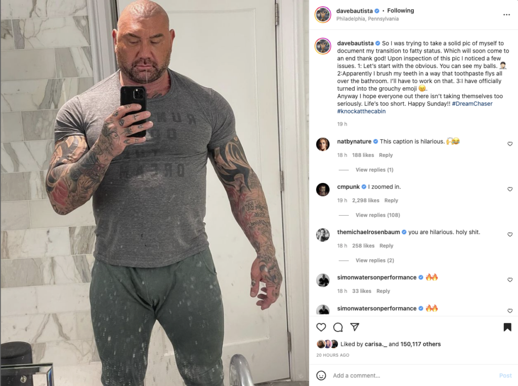 Former WWE star Batista has put on some weight based on his latest Instagram photo