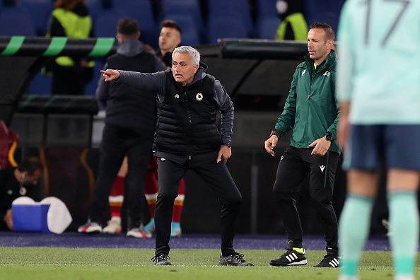Roma's Mourinho gives orders.