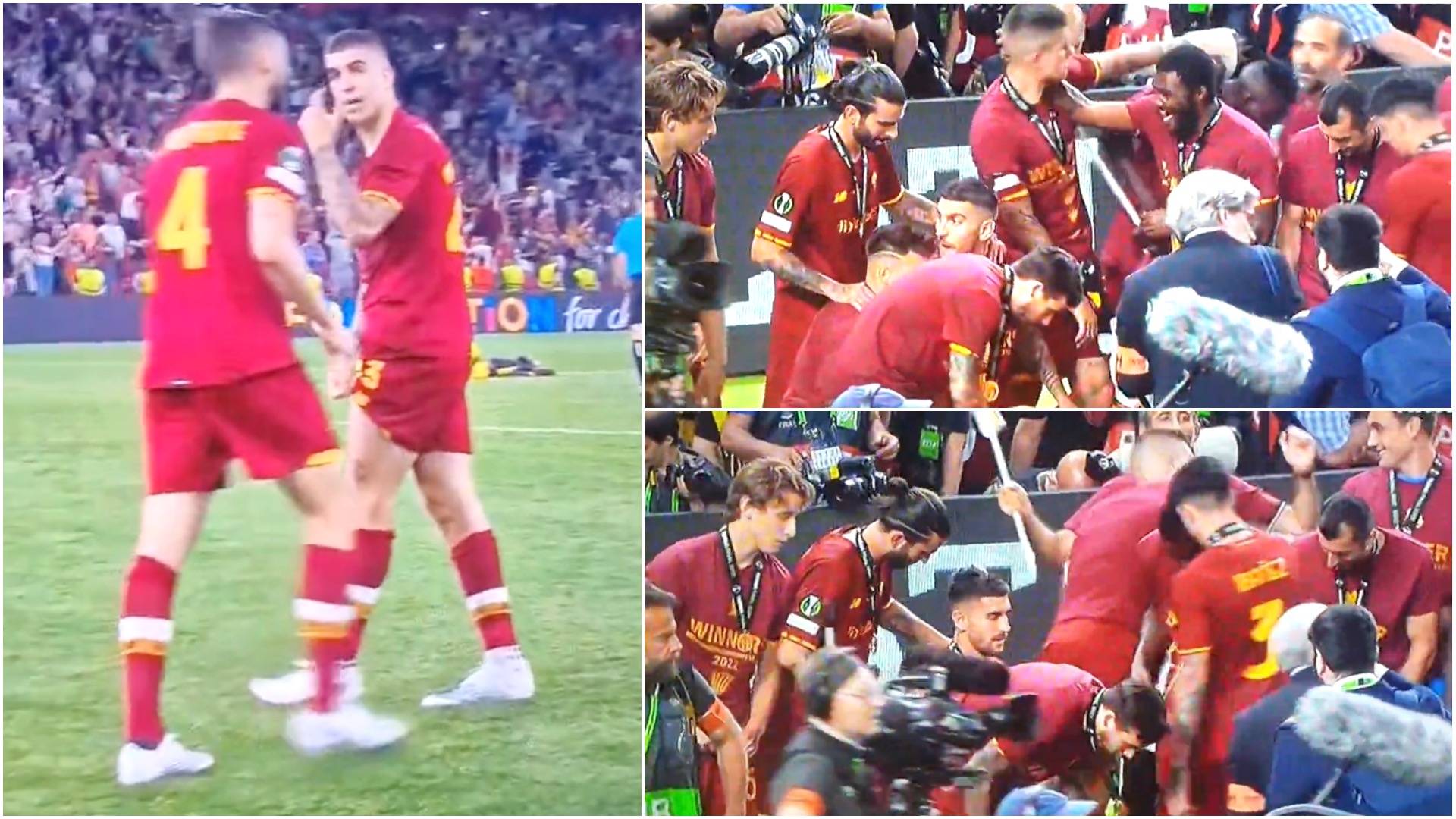 Gianluca Mancini looked ready to fight his own teammates after AS Roma won Conference League