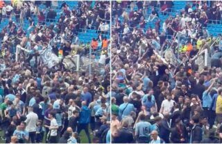 Man City fans broke their own goal during pitch invasion after winning Premier League title