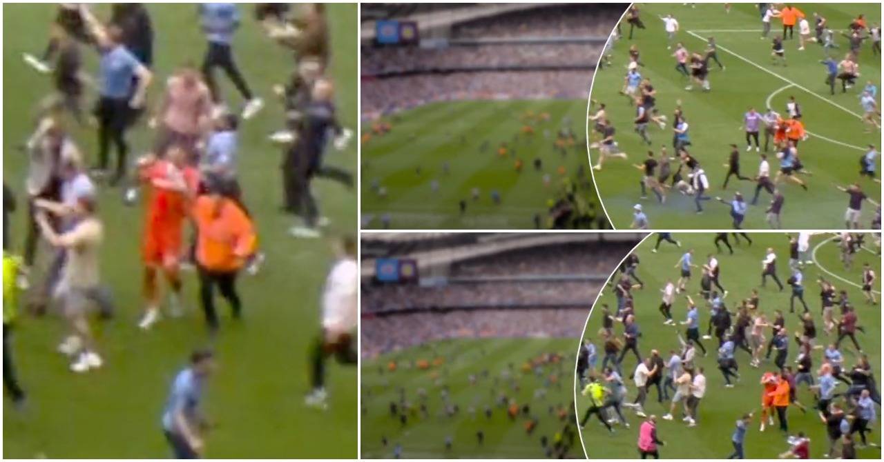 Shocking footage emerges of Aston Villa's Robin Olsen being attacked during Man City pitch invasion
