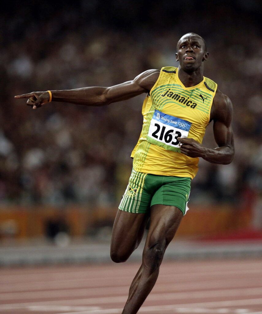 Bolt celebrates in Beijing.