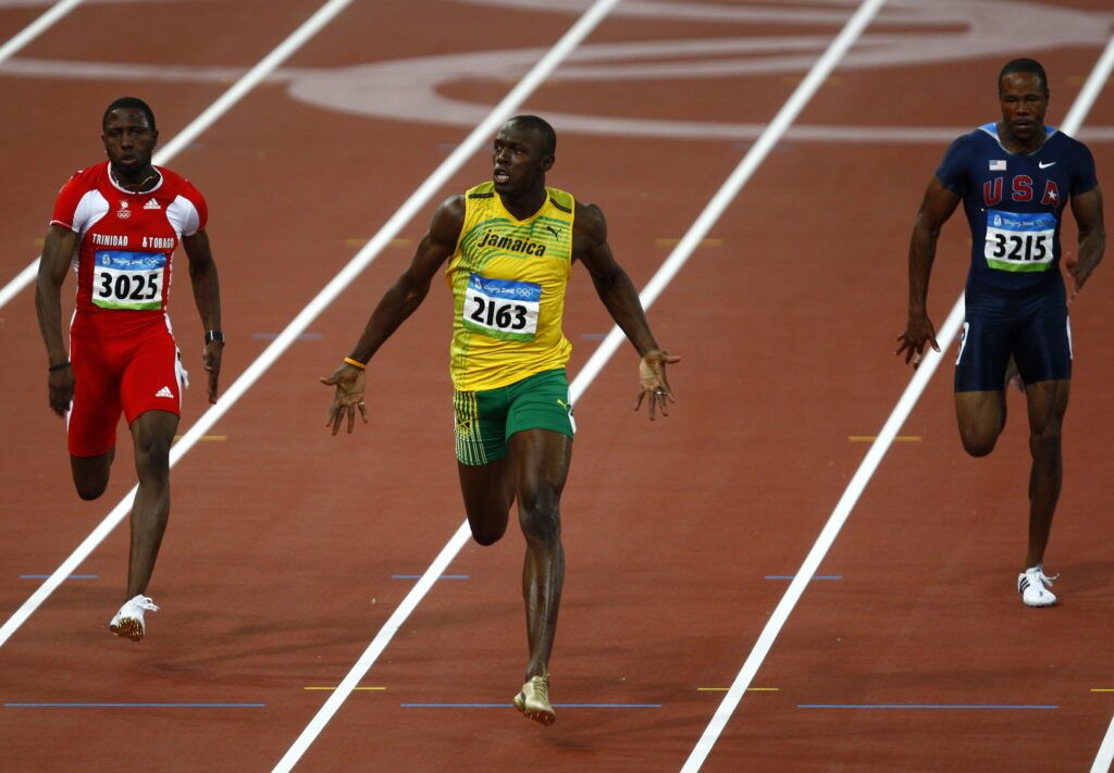 Bolt celebrates early.