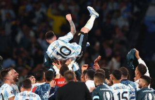 Messi celebrates with Argentina.