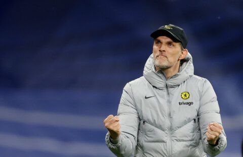 Chelsea head coach Thomas Tuchel punching the air
